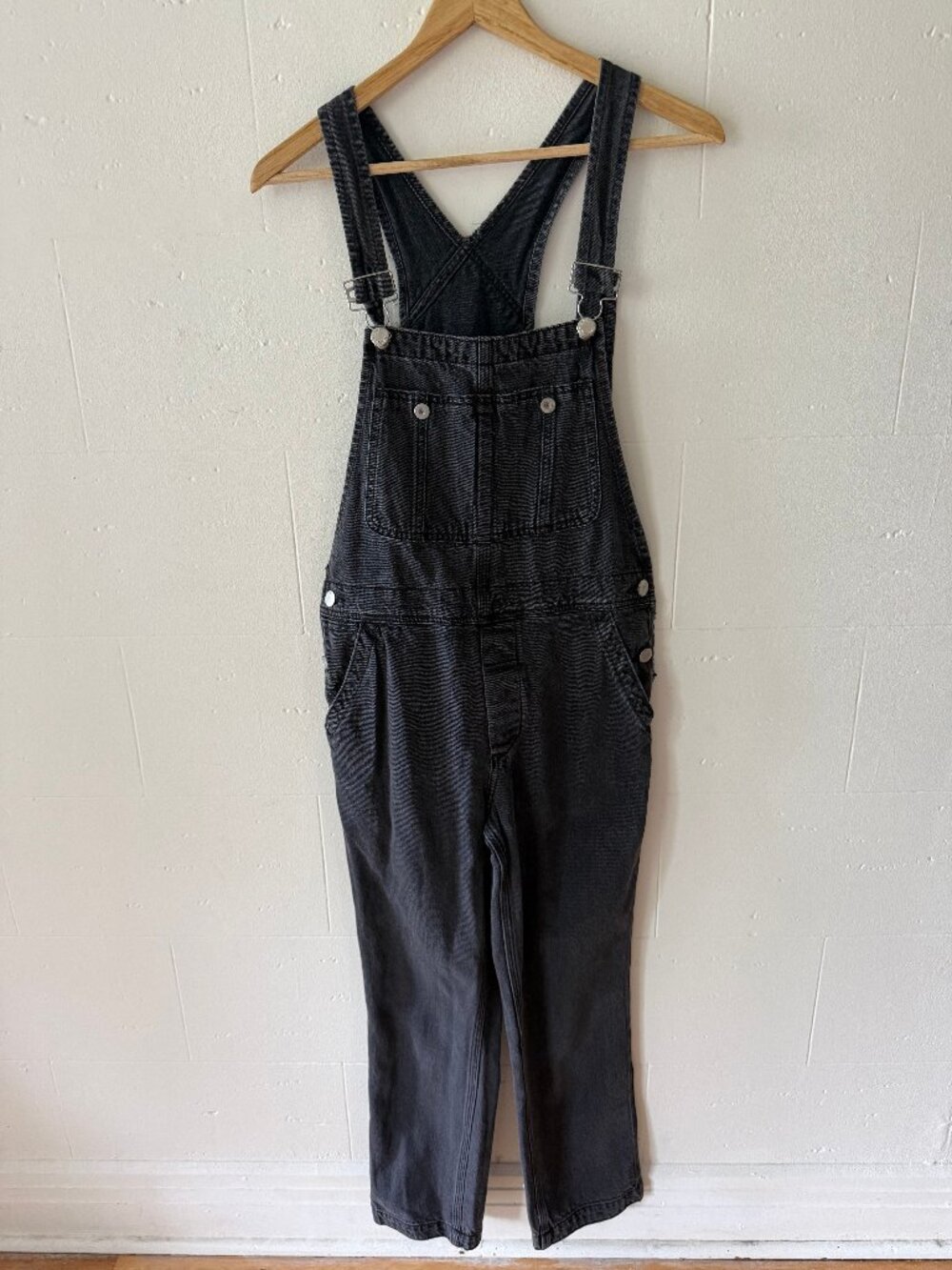Free People | Washed Black Straight Leg Denim Dungarees Overalls | Size 25